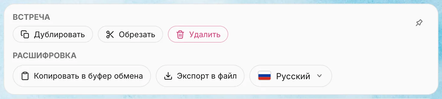 Панель действий готовой встречи: группа «Встреча» с кнопками «Дублировать», «Обрезать», «Удалить» и группа «Расшифровка» с кнопками «Копировать в буфер обмена», «Экспорт в файл» и флагом языка «Русский»